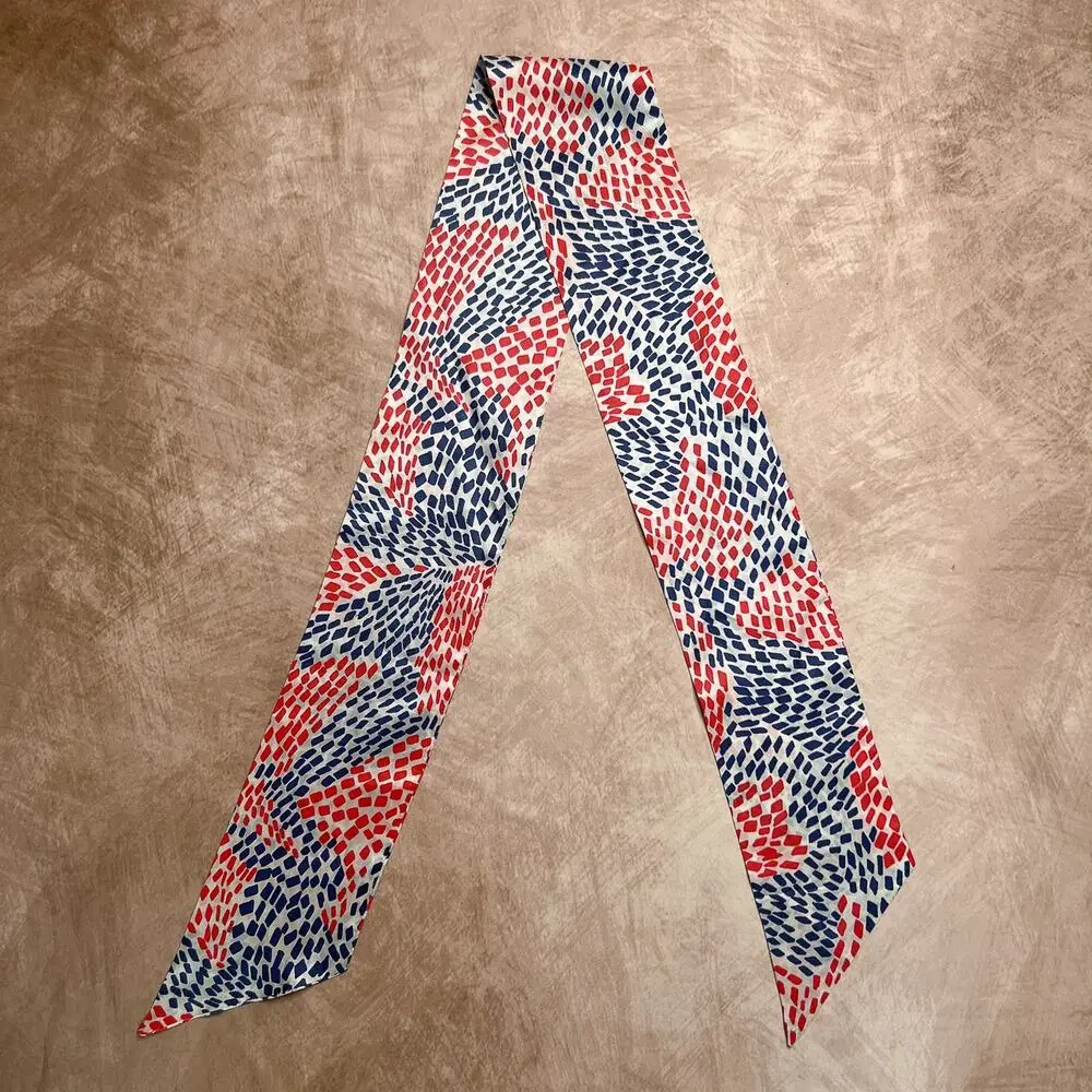 Vintage 70s Geometric Ascot Scarf Red Blue Tie Satin Retro CostumeDisco Hippie